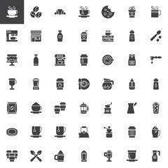 Coffee shop vector icons set, modern solid symbol collection, filled style pictogram pack. Signs, logo illustration. Set includes icons as Coffee cup, Croissant, Coffee machine, Milkshake, Grinder