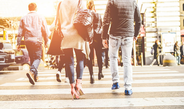 Crowd Of People Walking On Zebra Crossing Street City Center