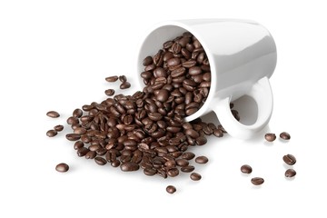 Mug full of, and surrounded by, coffee beans