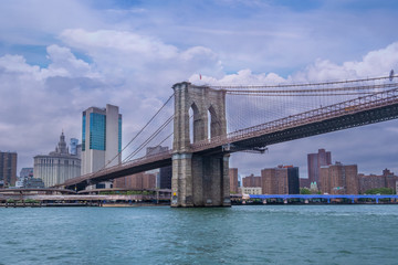 Fototapeta na wymiar Brooklyn Bridge in New York City at clounds sky, Skyline of downtown New York, USA