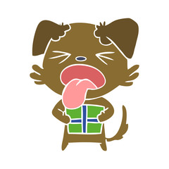 flat color style cartoon dog with christmas present