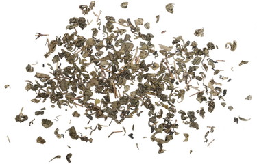 Green tea leaves isolated on white background, top view