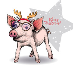 Obraz premium Hand drawn portrait of pig wearing deer horns and glasses. Vector Christmas illustration. Colored piglet. Xmas, New Year symbol. Print, greeting card, party flyer, invitation banner. Winter holiday