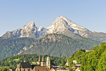 Mountain landscape in the Bavarian Alps with village of Berchtesgaden and Watzmann in the...