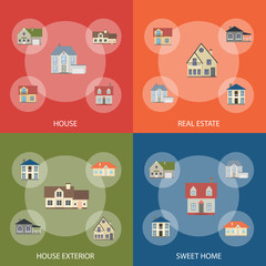 Cartoon Houses Exterior Flyer Banner Set. Vector