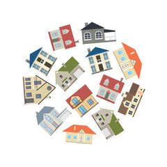 Cartoon Houses Exterior Round Design Template Ad. Vector
