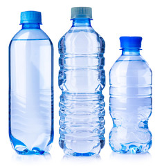 three water bottles isolated on white background