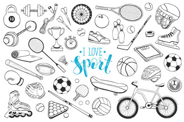 Collection of vector sport equipment. Doodle sport items illustration. Hand drawn sport balls, rackets, bicycle isolated on white background.