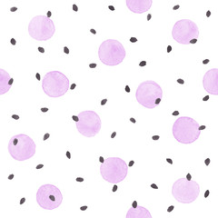 Watercolor texture. Aquarelle spots hand drawn with dry brush. Seamless pattern. Watercolor pattern with purple spots and black dots isolated on white background.