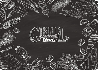 BBQ and grill banner with sketch objects on blackboard. Hand drawn barbecue elements around text in horizontal composition. Grill time.