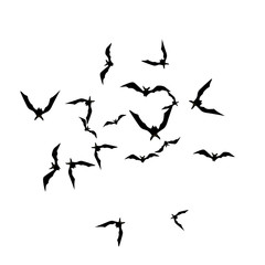 Halloween background with black bats on white. Halloween party card background template. black flying bats.