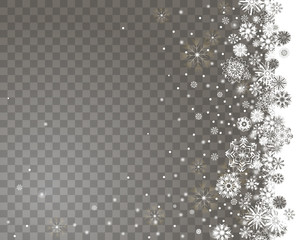 Falling snow border on a transparent background. Abstract snow background for your Merry Christmas and Happy New Year design. Vector illustration