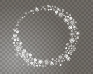 Snowflakes circle frame on a transparent background for your Christmas design. Abstract snowfall background with place for your text. Vector illustration