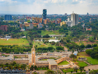 Nairobi city skyline, cityscape of Nairobi in Kenya in East Africa. Capital city in Africa with architecture and skyscrapers  - obrazy, fototapety, plakaty