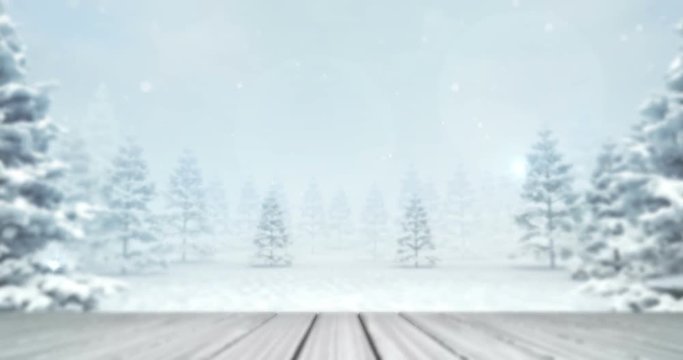 snowy blurred forest with wooden front empty deck at daylight, winter nature 3D render footage advertisement background 