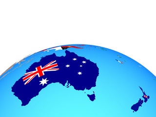 Australia with national flags on political globe.