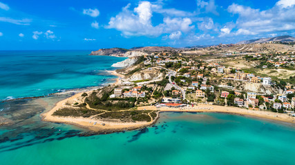 Aerial. Public beach nerar The Scala dei Turchi. Realmonte, near Porto Empedocle, southern Sicily, Italy.