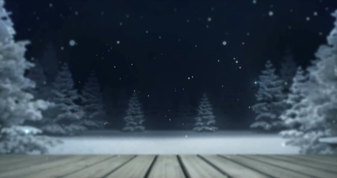 snowy blurred forest with wooden front empty deck at night, winter nature 3D render footage advertisement background 
