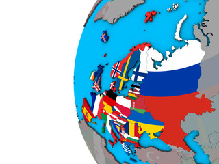 Europe with national flags on blue political 3D globe.