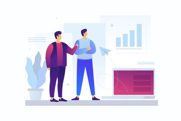 Two cartoon young businessmen discussing strategy of doing business. Concept of teamwork, exchange of ideas, communication. Entrepreneurs talk about commercial enterprise. Vector flat illustration.