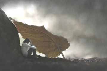 surreal moment of a very small woman who protects herself from the rain by sheltering herself under...