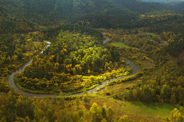 Autumn landscape with a view of the river Yesaulivka. Top view. Krasnoyarsk region, Russia
