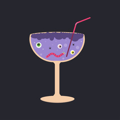Set of Halloween cocktail icons, spooky drinks with eyeballs, spider, worms, bubbles and other creepy symbols.