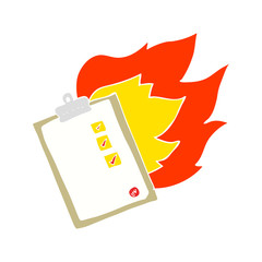 flat color illustration of a cartoon checklist burning