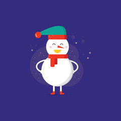 Merry Christmas greeting card, cute snowman  with hat and scarf.