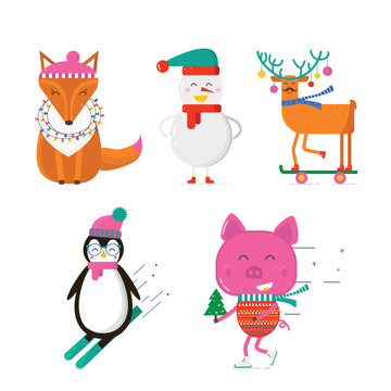 Merry Christmas greeting card with cute animals: pig, reindeer, penguin, fox and snowman