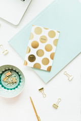 Home office desk workspace on white background. Flat lay, top view modern concept.