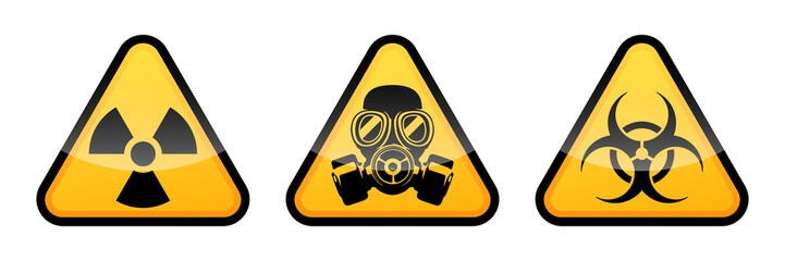 Radiation warning sign, biohazard warning sign, gas mask warning sign
