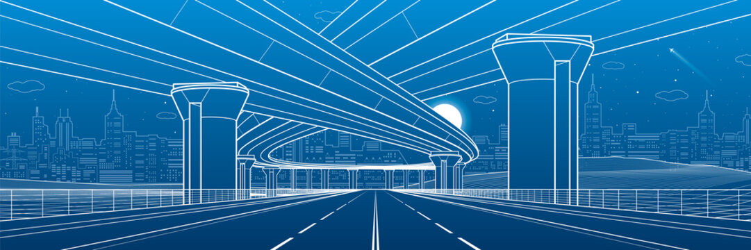 City architecture and infrastructure illustration, automotive overpass, big bridges, urban scene. Night town. White lines on blue background. Vector design art