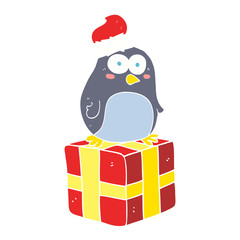 flat color illustration of a cartoon christmas penguin