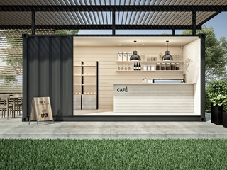 Container cafe in garden 3D render