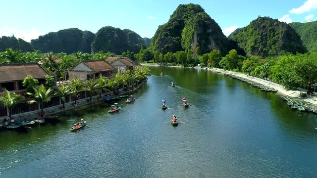 Aerial view 4k video by Drone at Tam Coc, ninh Binh, Vietnam.