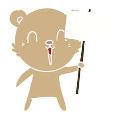 happy flat color style cartoon bear with placard