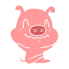 nervous flat color style cartoon pig sitting