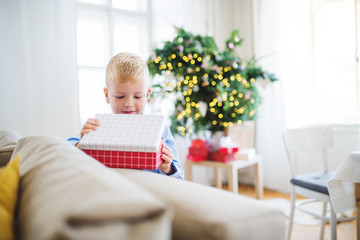 A small boy with opening up a present at home at Christmas time.
