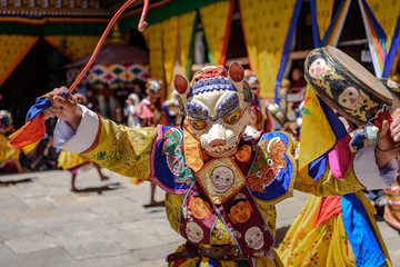 Bhutan Monk dancing for colorful mask dance at yearly Paro Tsechu festival in Bhutan