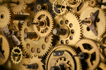 Gears and cogs macro in vintage old mechanism