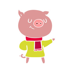 happy flat color style cartoon pig