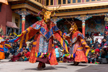 Monks wearing masks dancing at colorful buddhism mask dance festival of Matho in Ladahk, Jammu and Kashmir, India.