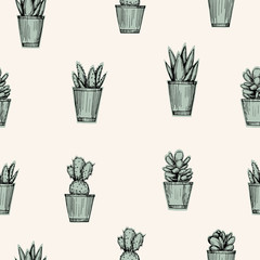 Vector pen style illustration. Cacti and succulents seamless pattern. Paper background design. Print design.