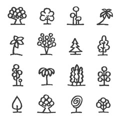 Simple hand-drawn fantastic trees. Vector icon set. Logo templates.