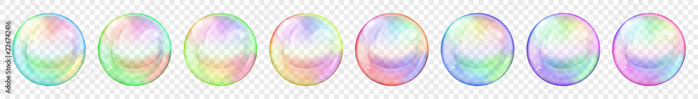 Poster set of translucent colored soap bubbles on transparent background. transparency only in vector forma