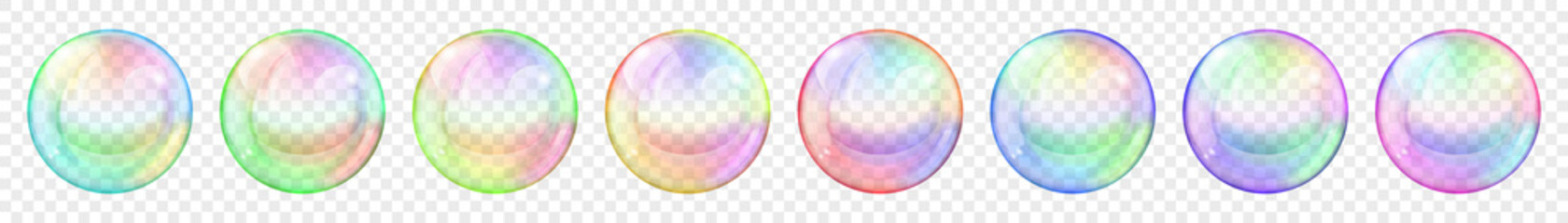 Set of translucent colored soap bubbles on transparent background. Transparency only in vector format - obrazy, fototapety, plakaty