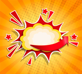 Comic Boom frame in retro pop art style on sunburst background. Sign of explosion, sticker tag, special offer label, advertising badge, banner. Vector illustration. © tandav