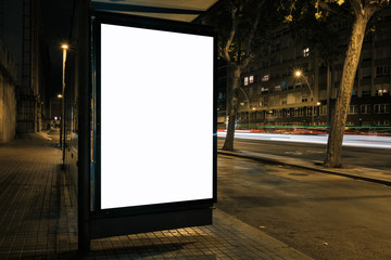 Light box advertising display with white blank space at bus stop. Mock-up design concept. 