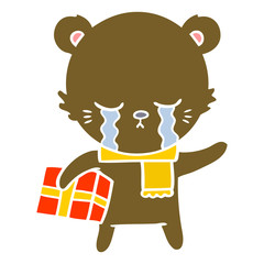 crying flat color style cartoon bear with present